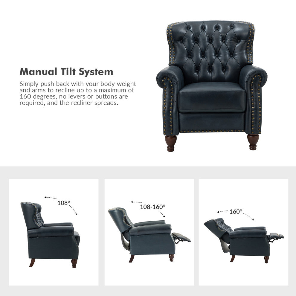34.5"W Transitional Style Genuine Leather Recliner With Nailhead Trims, Navy