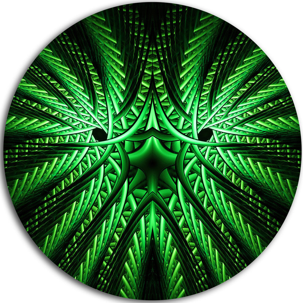 Glowing Green Fractal Flower In Black, Abstract Round Artwork, 36"