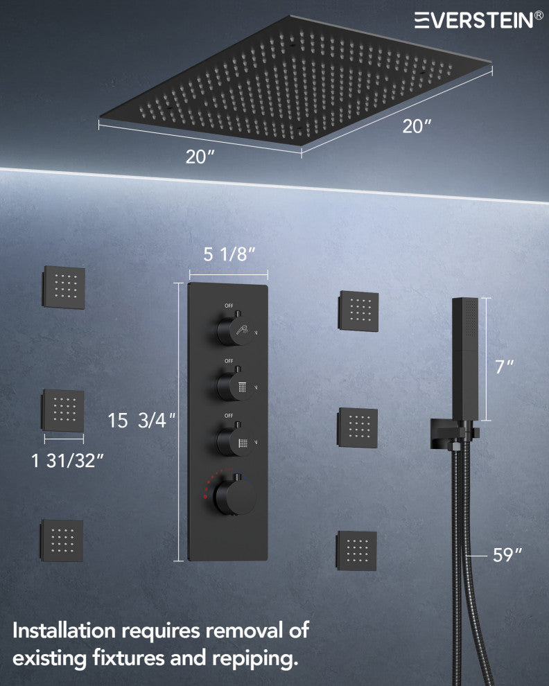 Thermostatic Shower Faucet LED 20" Rain Shower Head with 6 Body Jets, Matte Black