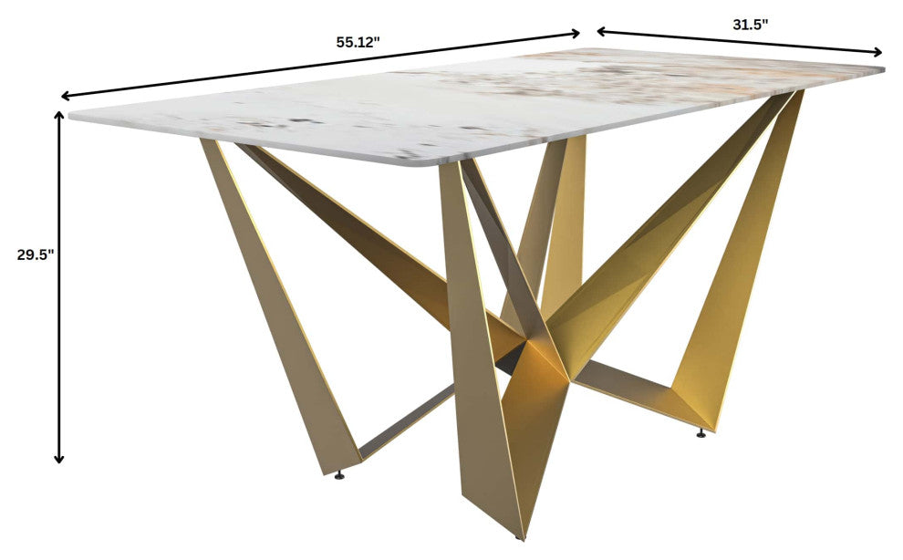 LeisureMod Nuvor Dining Table With Rectangular Top and Gold Steel Base, White Gray, 55 Inch
