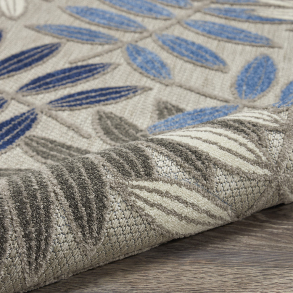 8 Round Gray and Blue Leaves Indoor Outdoor Area Rug