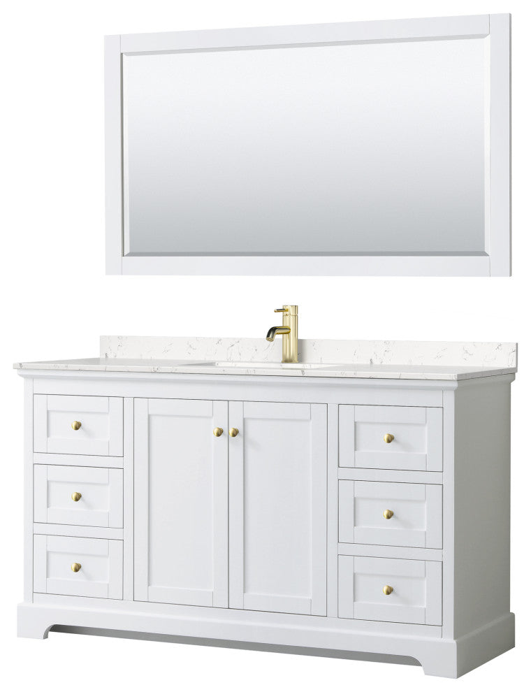 60" Single Vanity White, LV Carrara Cult. Marble Top, Sink, 58"Mirror, Gold Trim