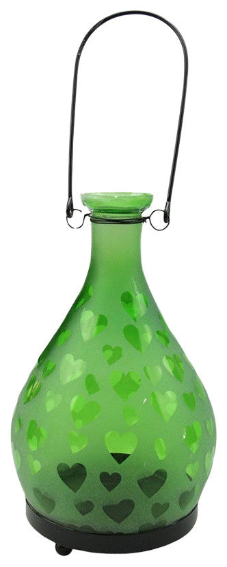 Frosted Hearts Glass Bottle Tea Light Candle Lantern Decoration, Green