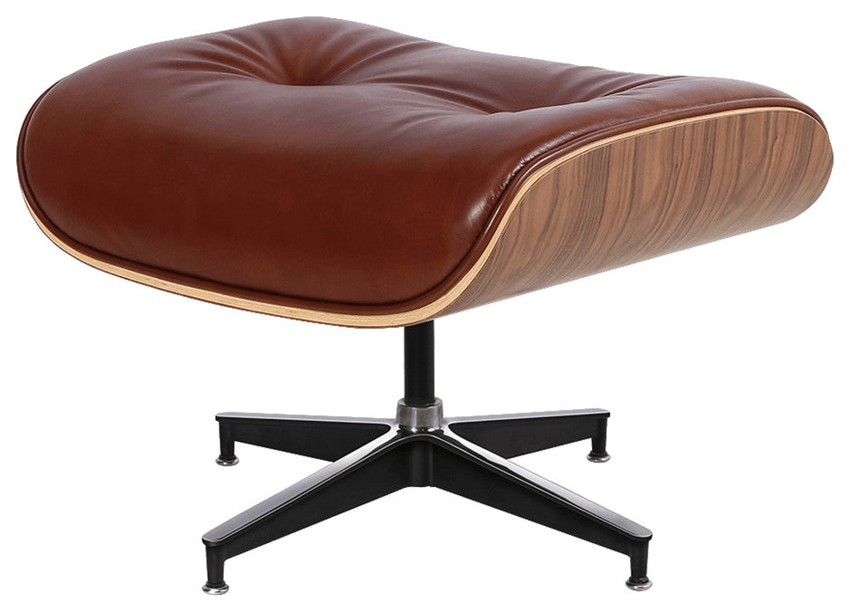 35" Brown Tufted Genuine Leather Swivel Lounge Chair With Ottoman