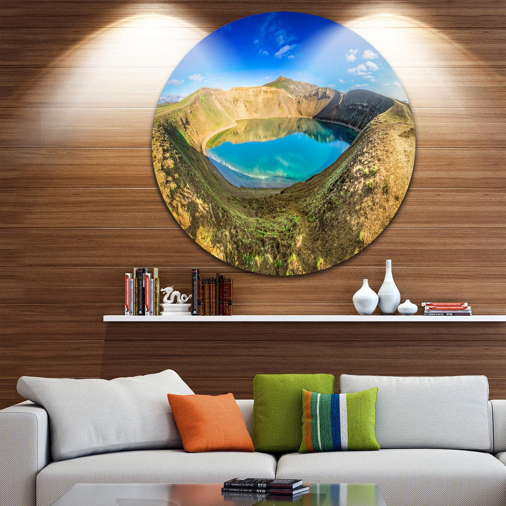 Blue Lake In The Crater Of Volcano, Landscape Disc Metal Artwork, 38"