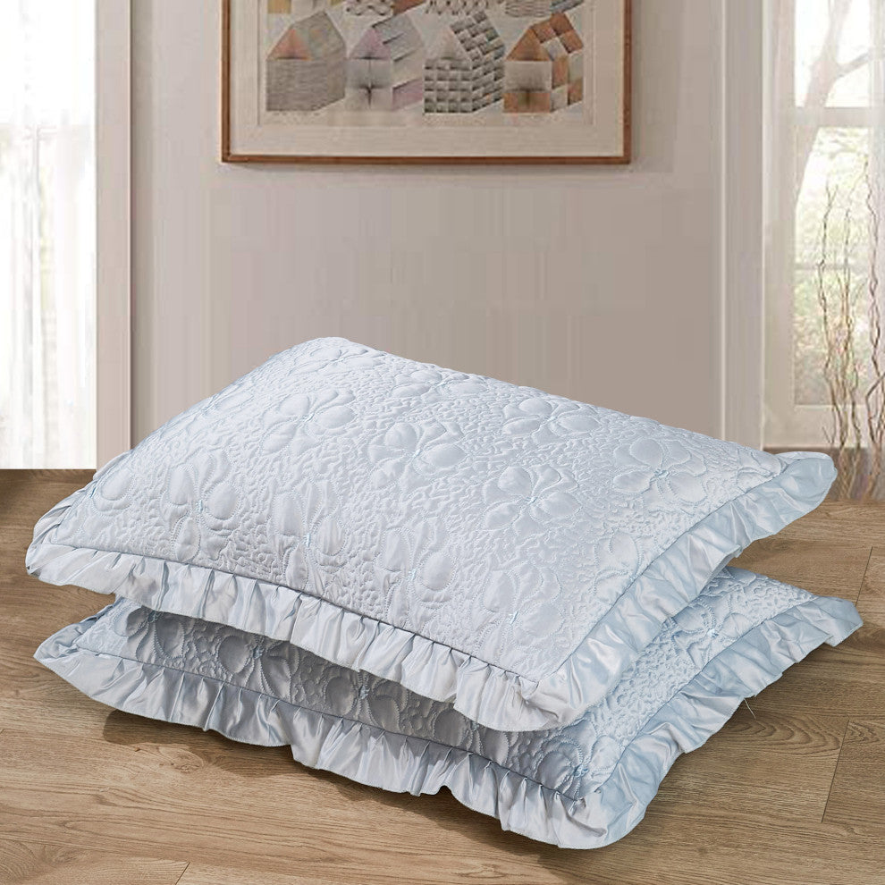Matte Satin Ruffle 4 Piece Bed Spread Set, Light Blue, Queen