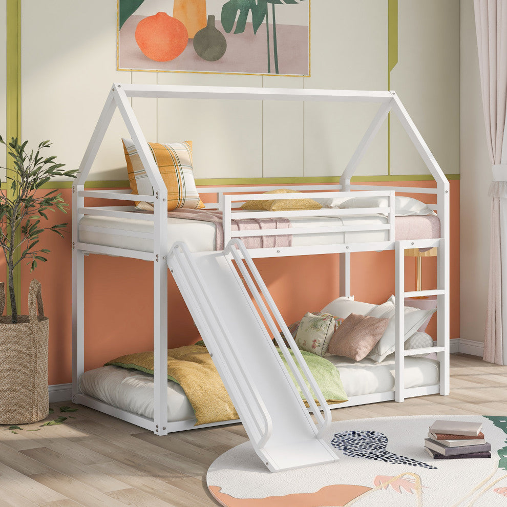 Gewnee Metal Twin Over Twin Bunk Bed House Bed with Slide in White