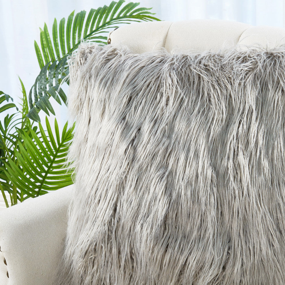 Mongolian Faux Fur Pillow Shell Set, Gray, 26"x26"