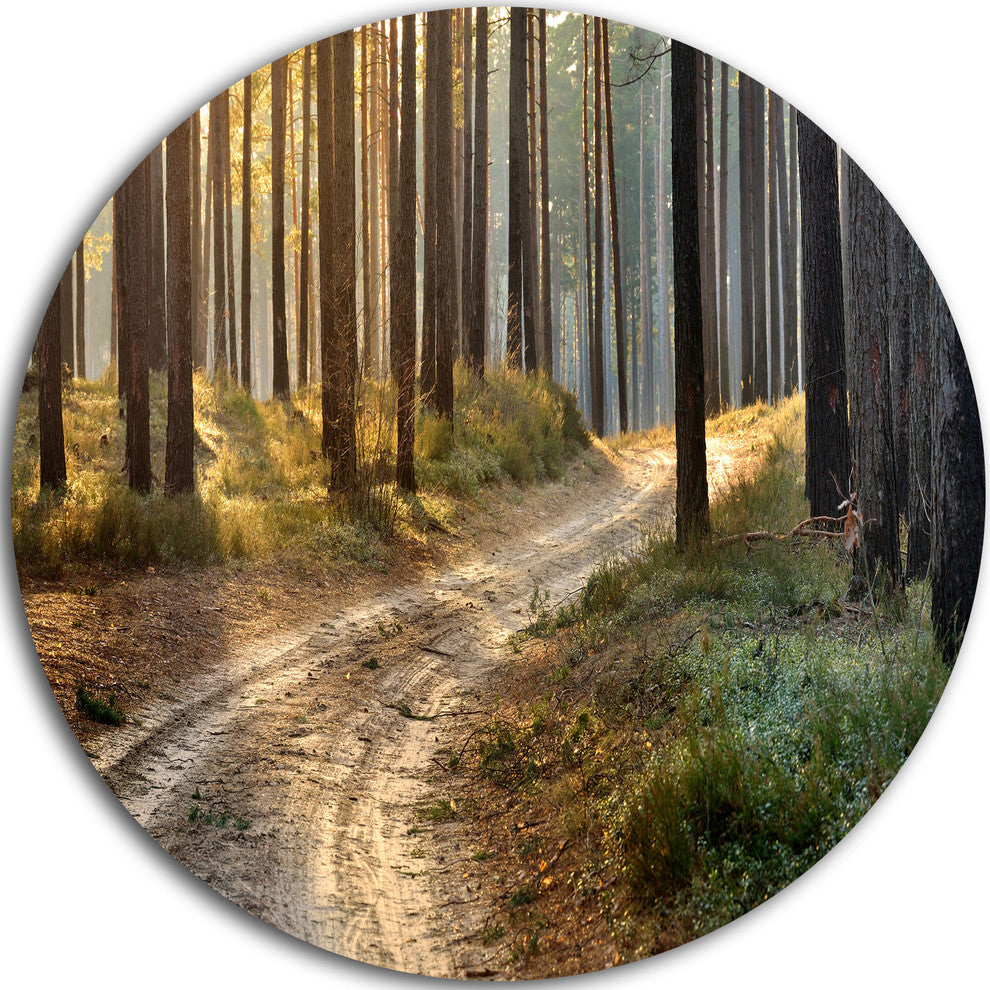 Road In Thick Morning Forest, Landscape Photo Round Wall Art, 36"