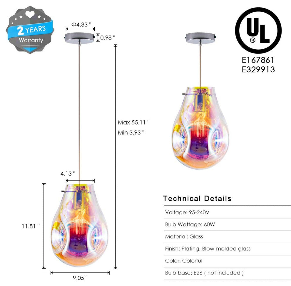 Modern Glass Pendant, Colorful Contemporary Hanging Light