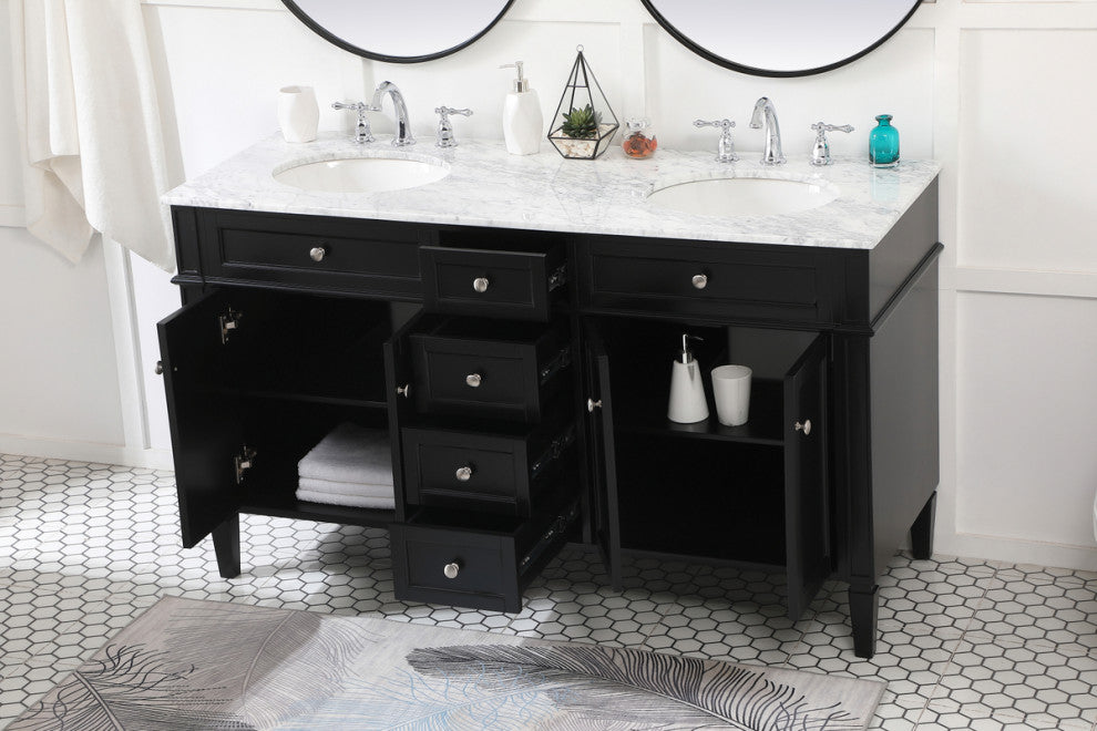 Home Living Vanity with Carrara White Marble Countertop, Black, 60", Double Sink