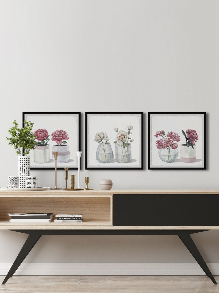 Pretty Pink Flowers Triptych, Set of 3, 12x12 Panels