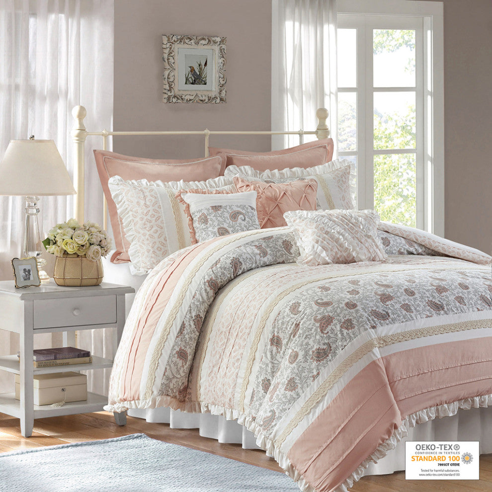 Madison Park Dawn 9 Piece Cotton Percale Comforter Set, Blush