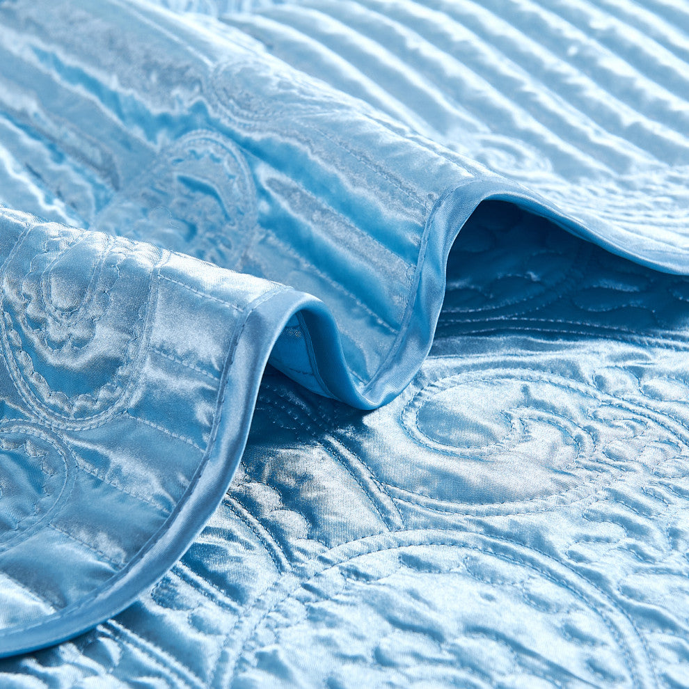 Matte Satin Quilted 4 Piece Bedspread Set, Aquatic, Queen