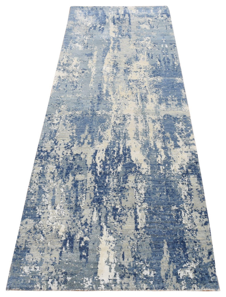 Air Force Blue Abstract Design Wool and Silk Hand Knotted Runner Rug 2'6"x8'1"