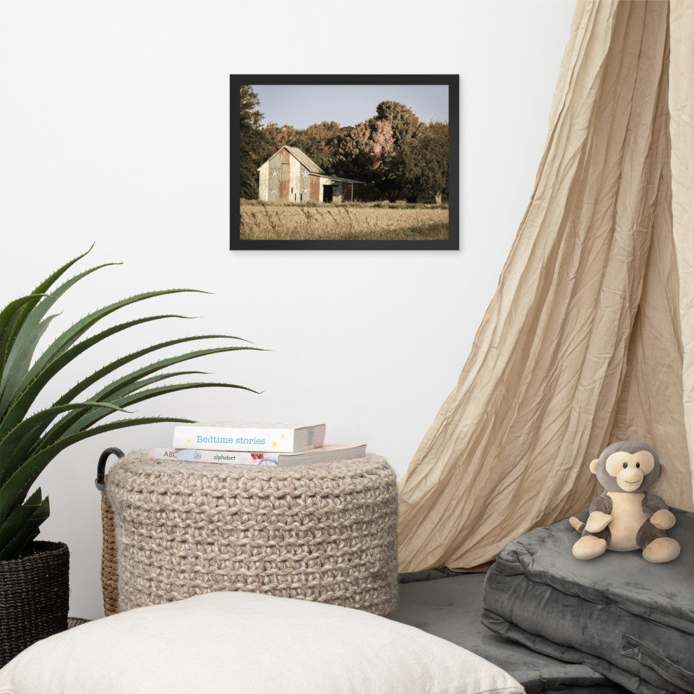 Patriotic Barn in Field Aged Effect Framed Photo Paper Wall Art Prints, Black, 12" X 16"