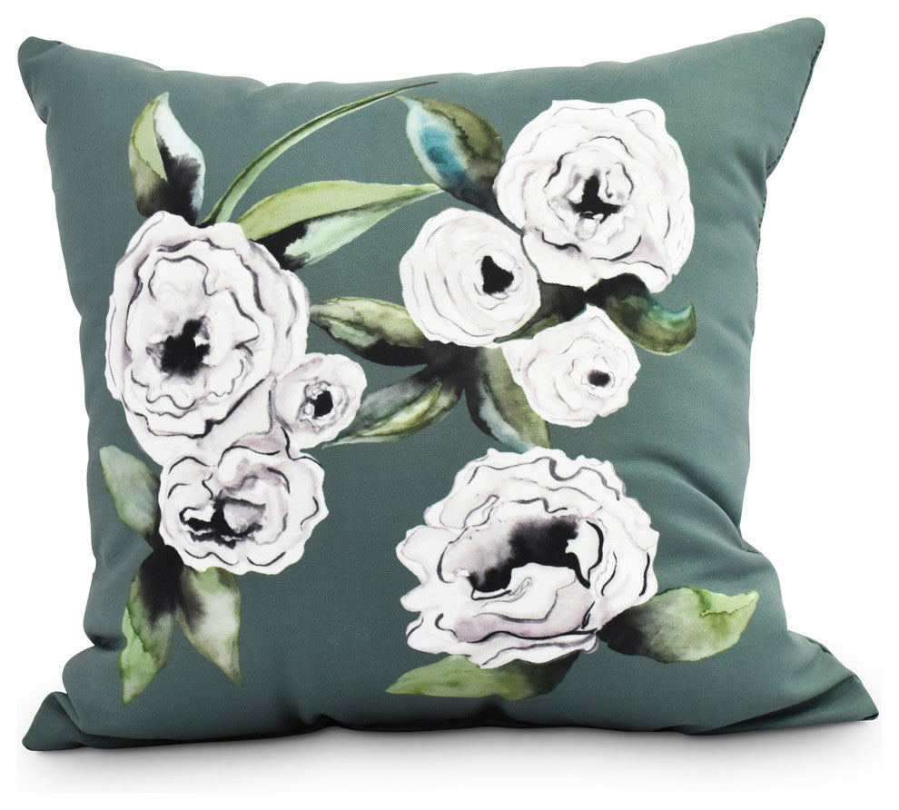 Radiant Rose 16" Green Floral Print Decorative Throw Pillow