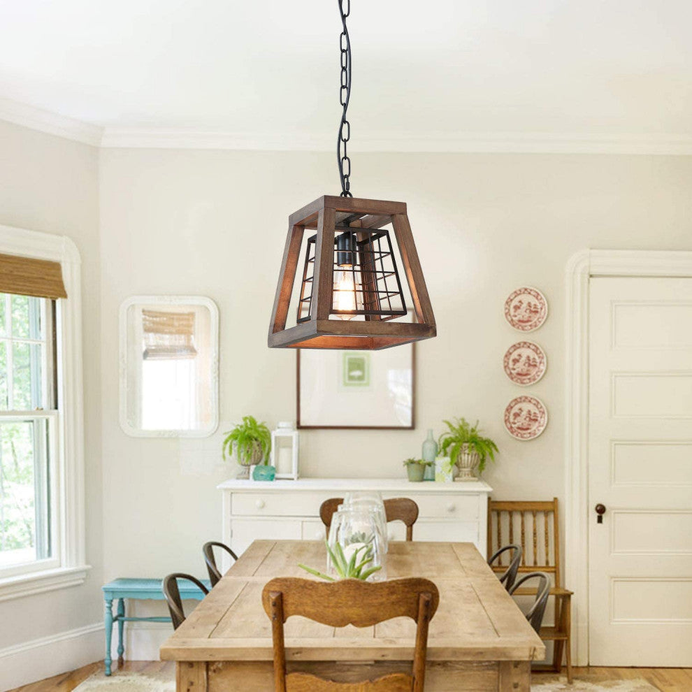 Antique Wood Pendant Lamp Farmhouse Cage Vintage Light