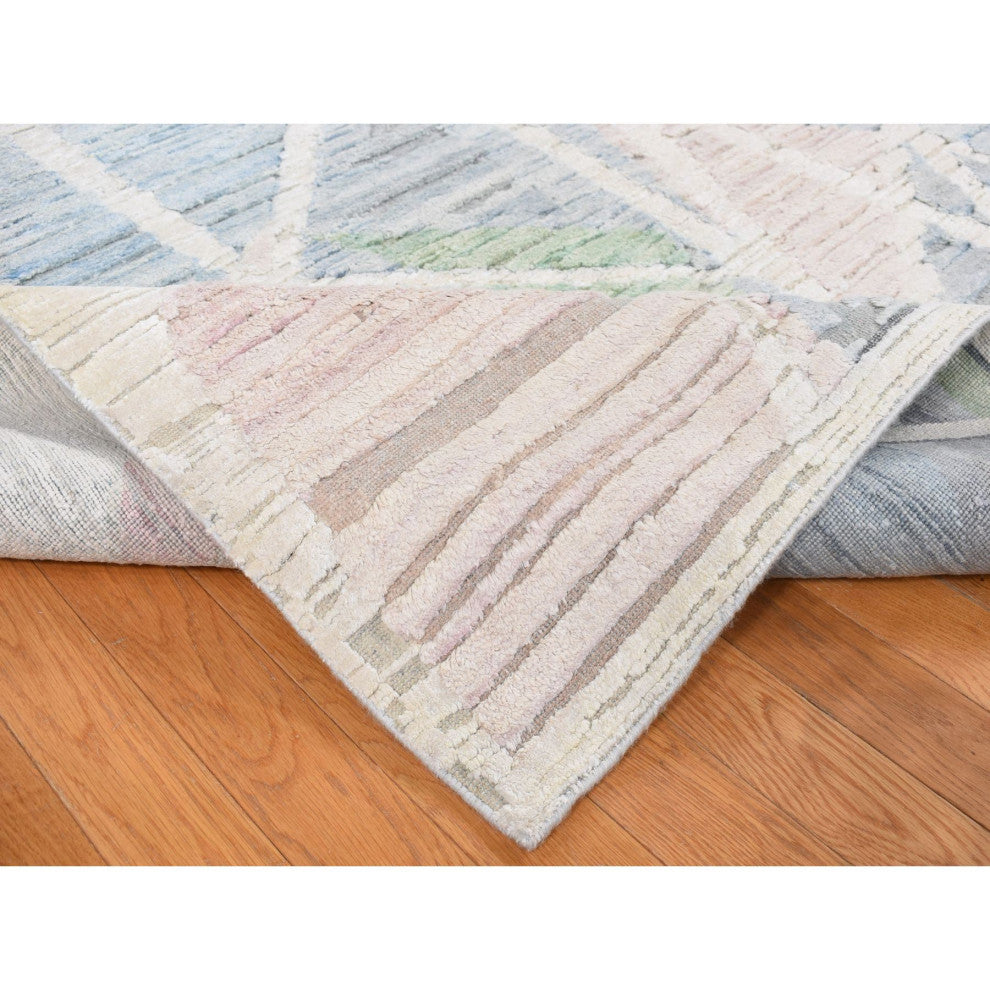 Ivory Modern Abstract Design Pure Silk With Wool Hand Knotted Rug 9'x12'