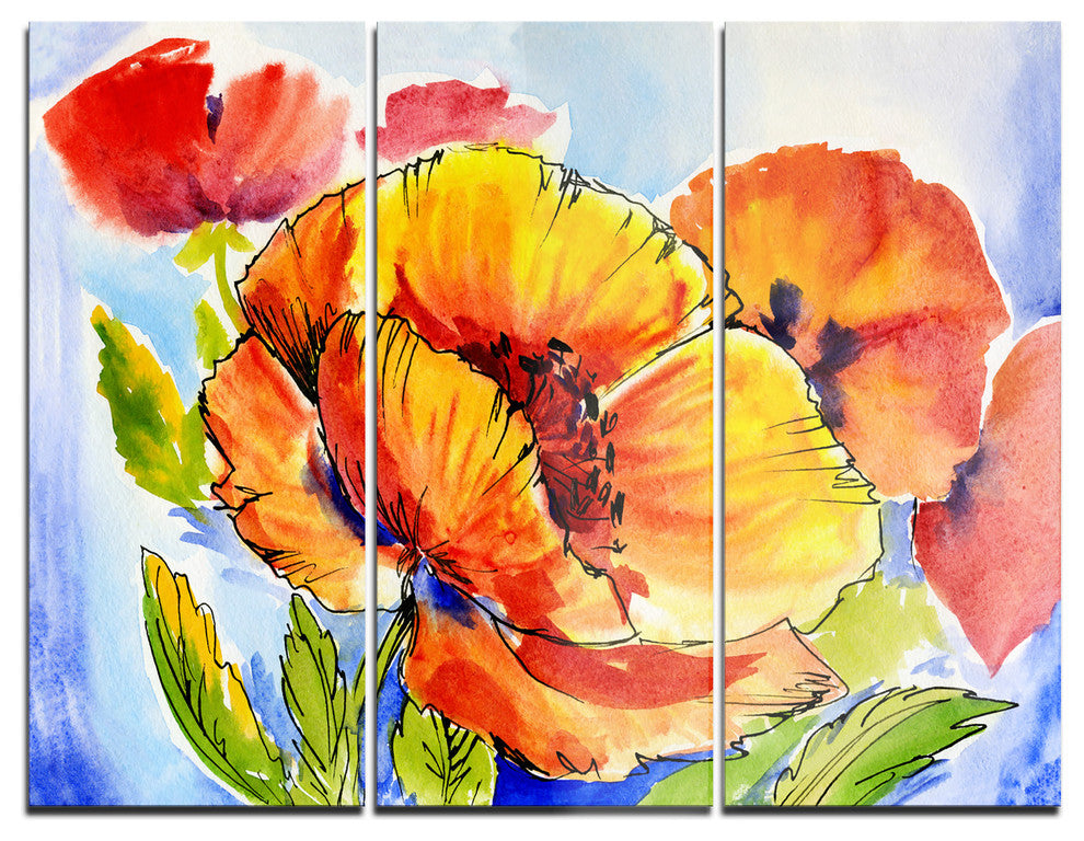 "Bouquet of Full Blown Poppies" Glossy Metal Wall Art, 3 Panels, 36"x28"