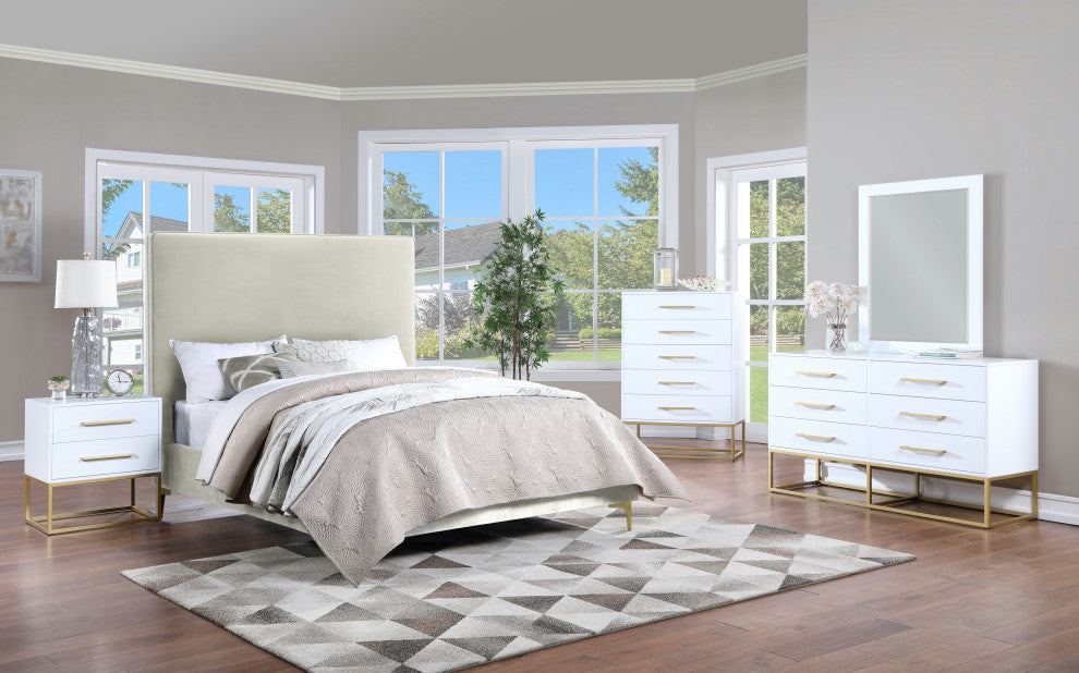 Maxine Wood Nightstand With Durable Brushed Gold Metal Base, Rich White Finish