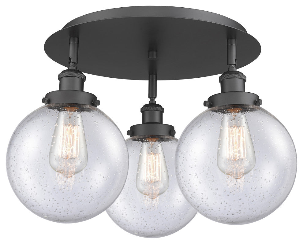 Canton-3 Light 20" Flush Mount-Matte Black, Seedy Glass Shade