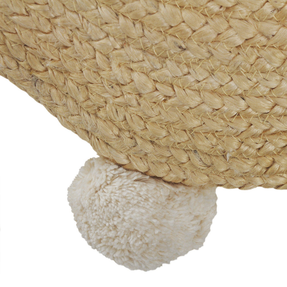 Natural Jute Throw Pillow with Pom Poms Border, Round