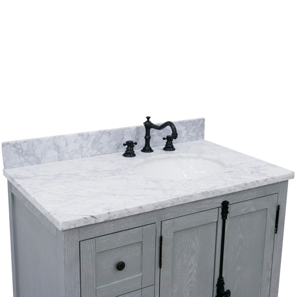 37" Single Vanity, Gray Ash With White Carrara Top, Right Doors/Right Oval Sink