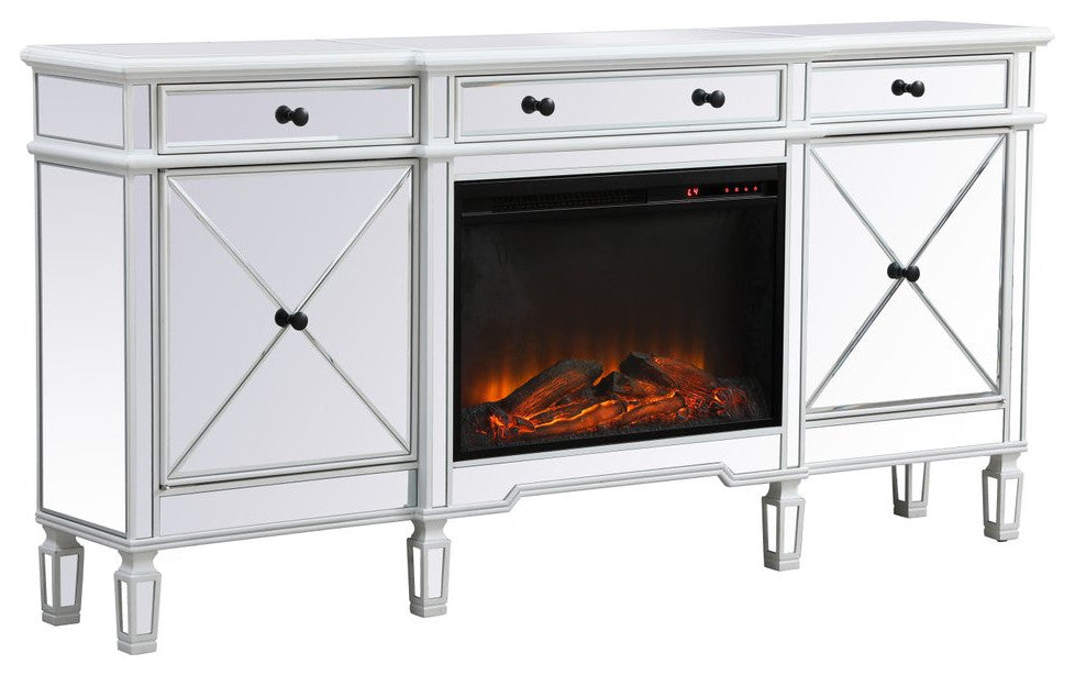 Elegant Decor MF61072AW-F2 Mirrored Credenza With Crystal Fireplace