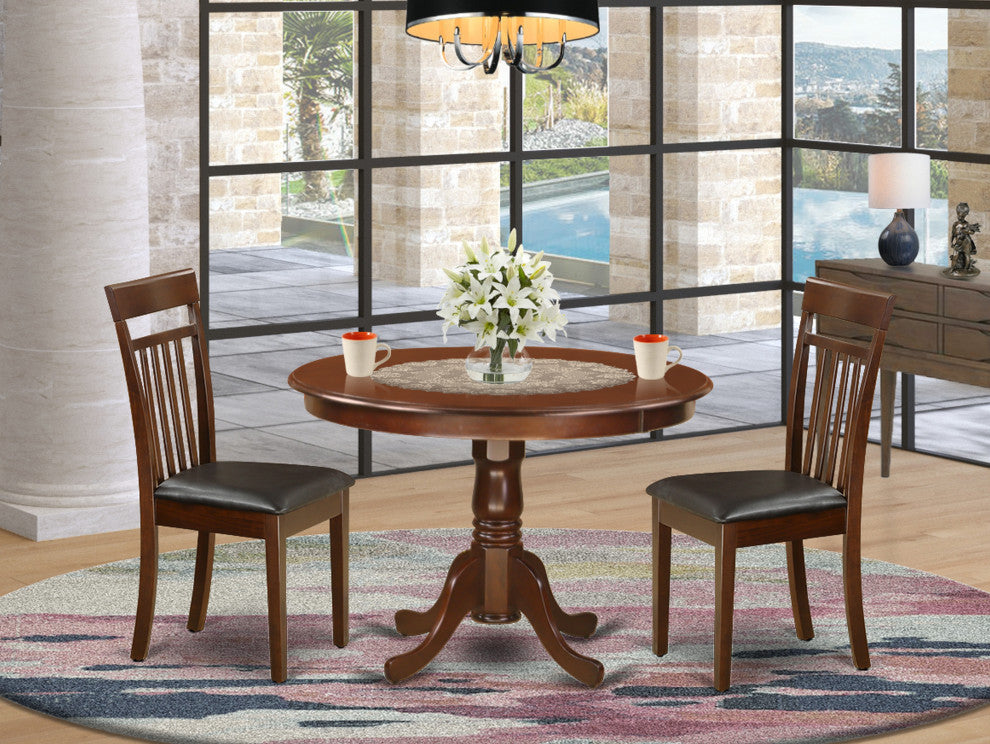 3 Pc Set With A Round Kitchen Table And 2 Leather Kitchen Chairs, Mahogany