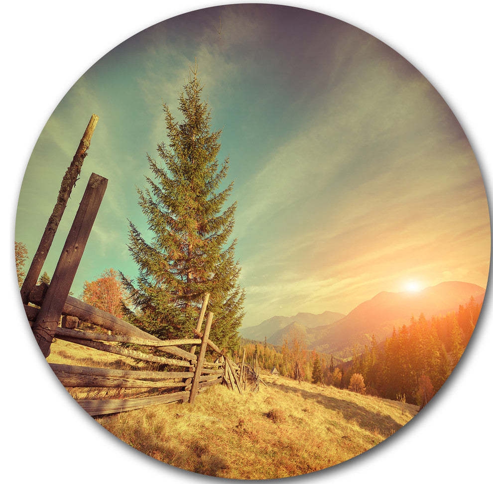 Retro Style Autumn In Mountains, Landscape Photo Disc Metal Art, 23"