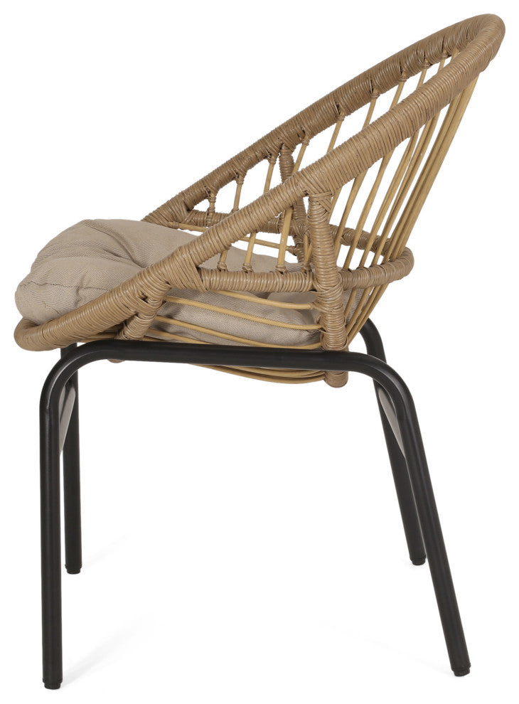 Dero Outdoor Wicker Dining Chairs With Cushion, Set of 2, Light Brown and Beige