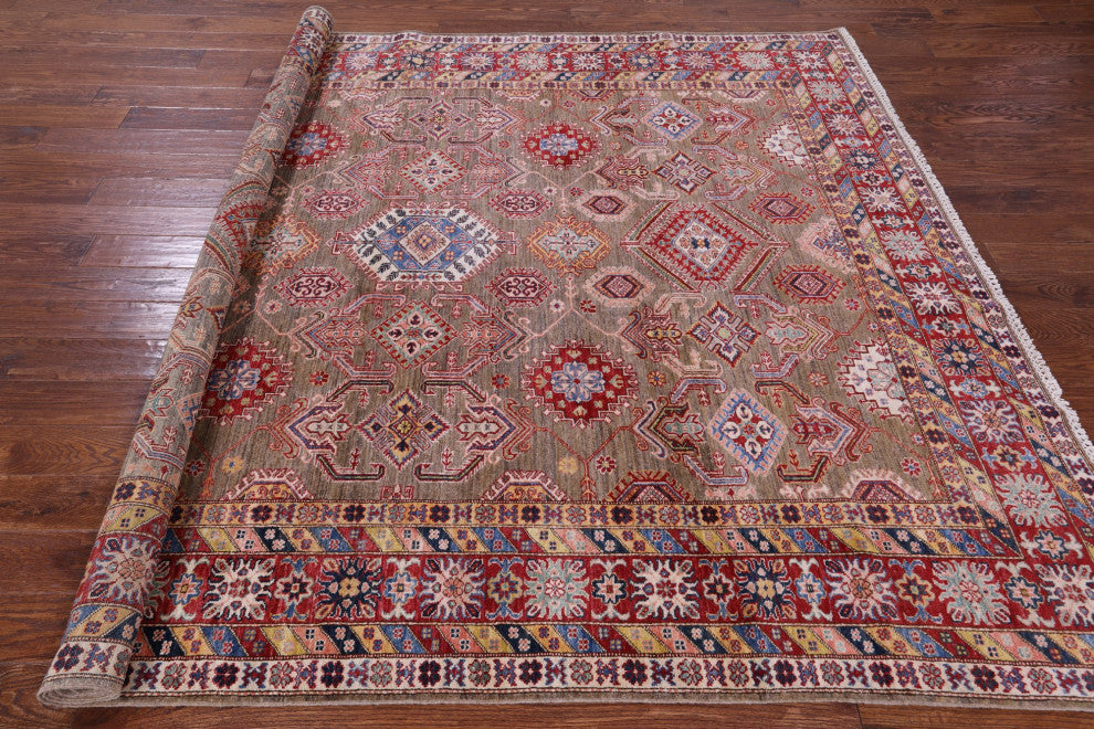 7' 10" X 9' 11" Geometric Super Kazak Handmade Wool Rug - Q12833