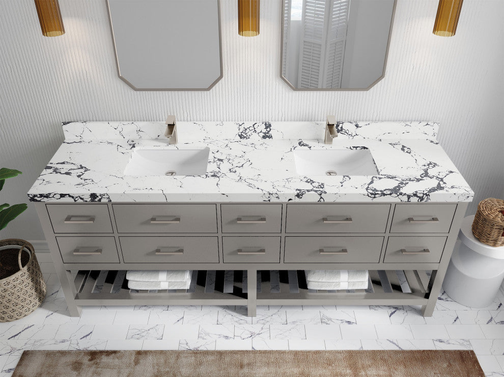 Parker 84" Double Sink Bath Vanity, Elephant Skin Gray 2" Viola Night
