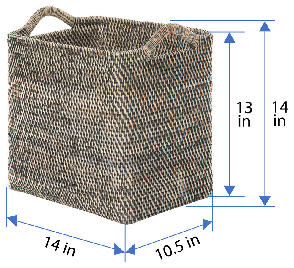Loma Rectangular Tall Decorative Rattan Storage Basket with Ear Handles, Small, Black Wash