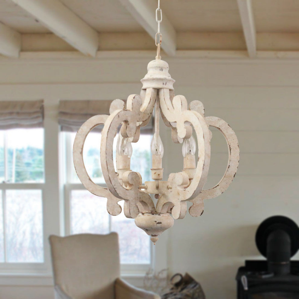 Cottage Chic Crown Wood Chandelier, 6 Light, Distressed White
