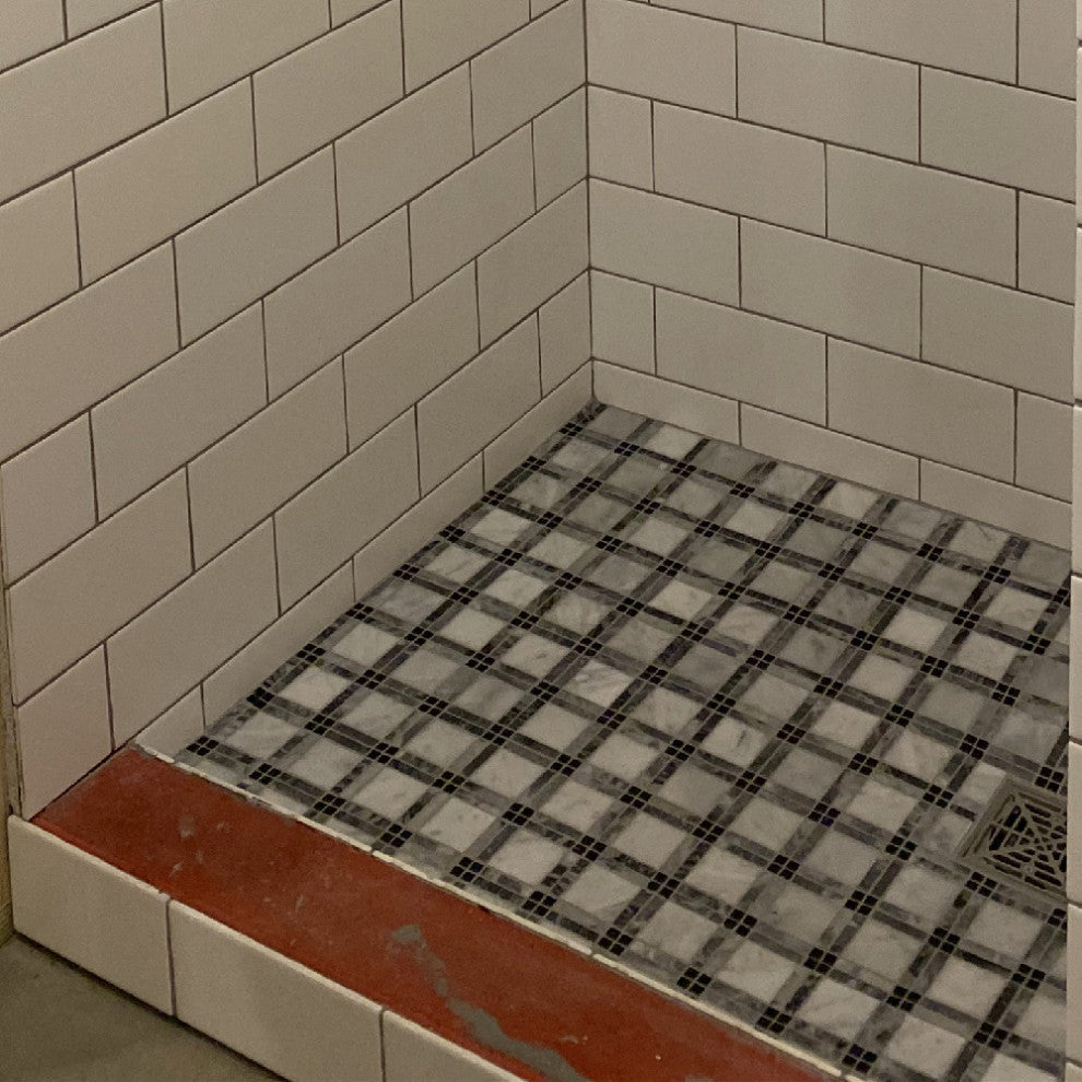 Carrara White Black Gray Marble Plaid Tartan Wall Floor Tile Matte, 1 sheet