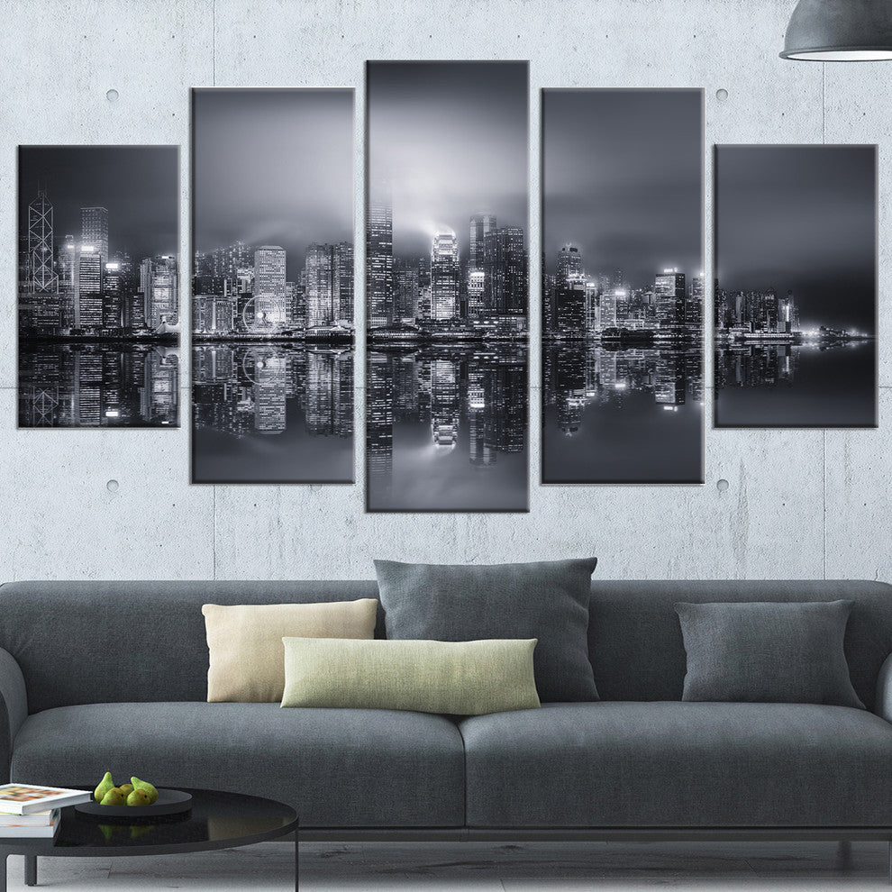 "Hong Kong Black And White Panorama" Cityscape Artwork Canvas, 5 Panels, 60"x32"
