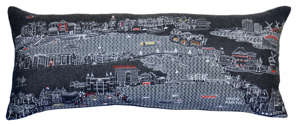 35" Black Amsterdam Nighttime Skyline Lumbar Decorative Pillow