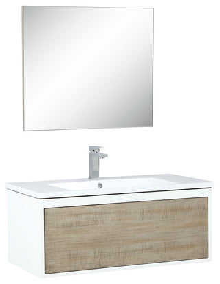 Scopi 36 Rustic Vanity, Acrylic Top With Sink, Gun Metal Faucet Set, 28 Mirror