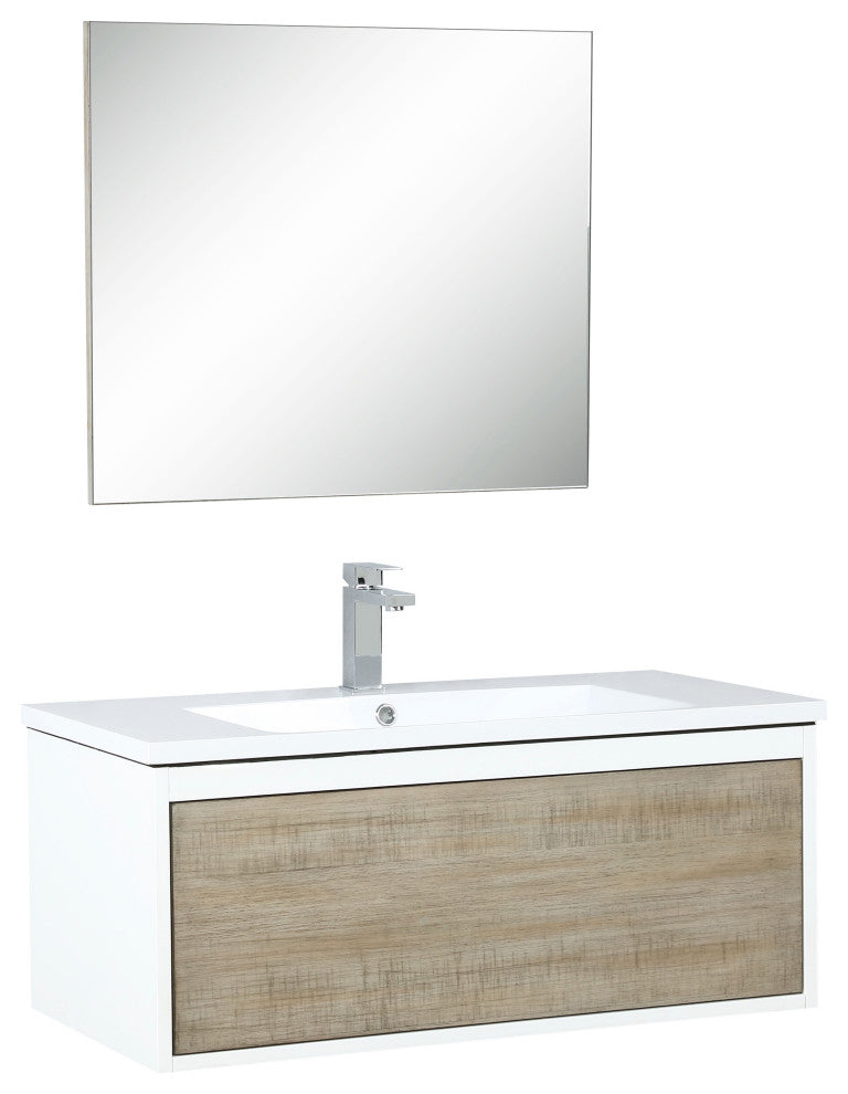 Scopi 36 Rustic Vanity, Acrylic Top With Sink, Gun Metal Faucet Set, 28 Mirror
