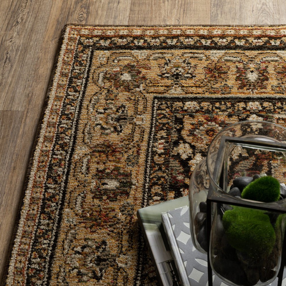 Adeline Bordered Traditional Brown/ Gold Area Rug 7'10" x 10'10"