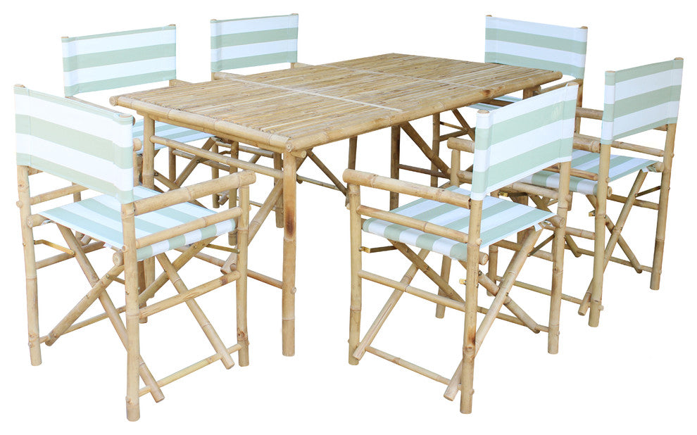 Set of Bamboo Rectangular Table, 6 Director Chair, Celadon Stripes