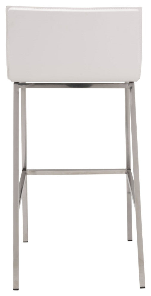 Bar Stool Chair Barstool, Set of 2, Faux Vinyl Leather, Steel, White, Silver