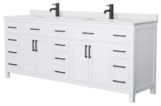 Beckett 84" White Double Vanity, White Cultured Marble Top, Black Trim