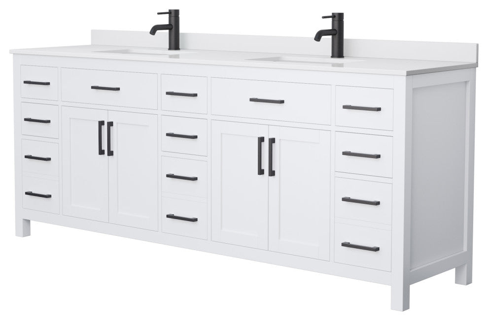 Beckett 84" White Double Vanity, White Cultured Marble Top, Black Trim