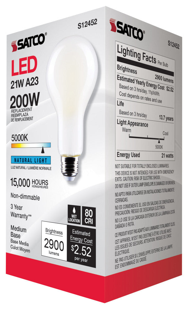 21W, A23 LED, Frost Finish, Medium Base, 5000K, 120V
