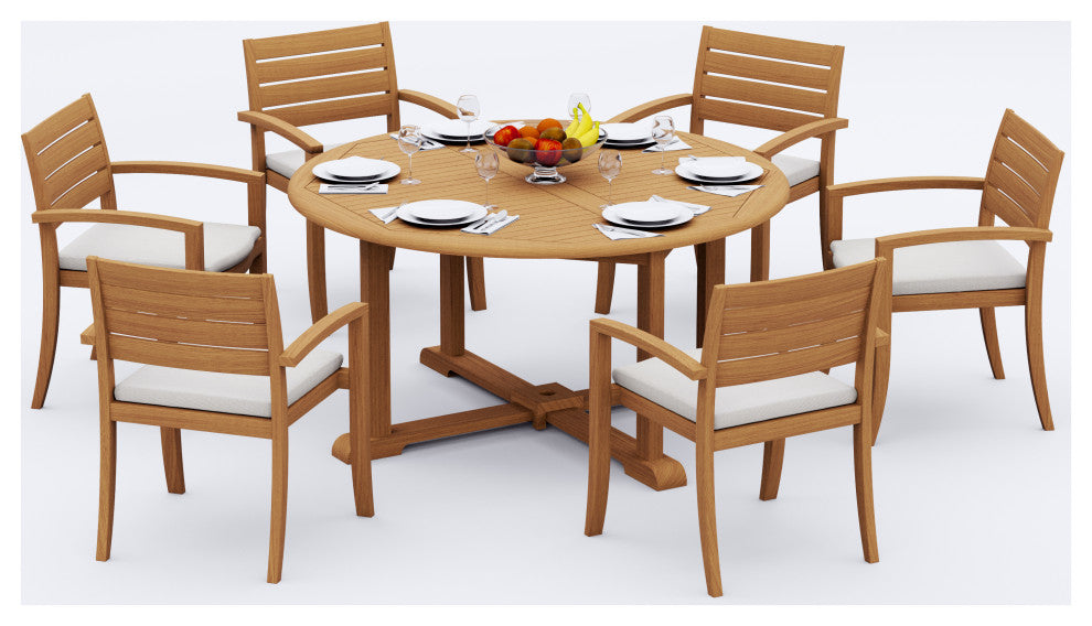 7-Piece Outdoor Teak Dining Set, 60" Round Table, 6 Travota Stacking Arm Chairs