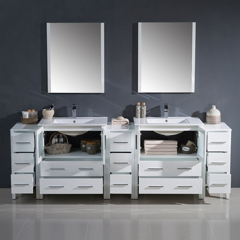 Torino 96" White Modern Double Sink Bathroom Vanity, Faucet FFT1030CH