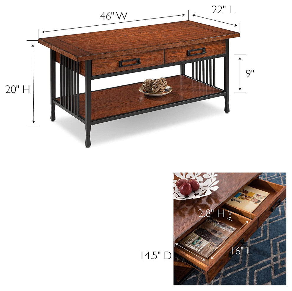 Rectangular Coffee Table, Slatted Sides With Lower Shelf, Burnished Mi
